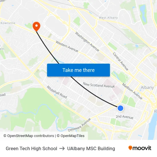 Green Tech High School to UAlbany MSC Building map