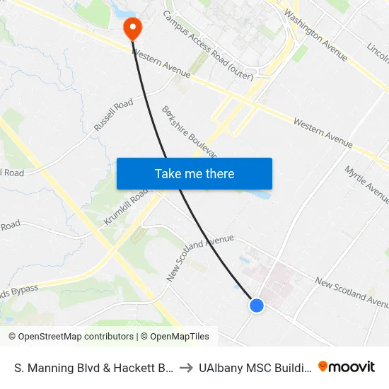 S. Manning Blvd & Hackett Blvd to UAlbany MSC Building map