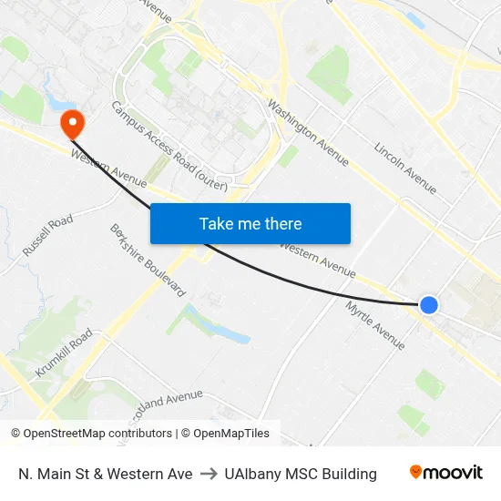 N. Main St & Western Ave to UAlbany MSC Building map