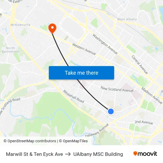 Marwill St & Ten Eyck Ave to UAlbany MSC Building map