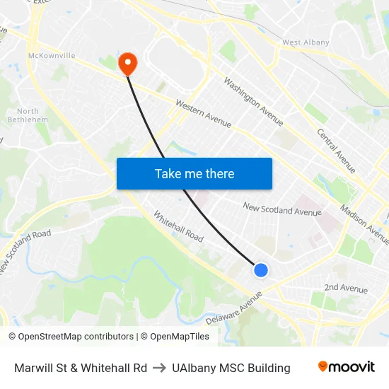Marwill St & Whitehall Rd to UAlbany MSC Building map