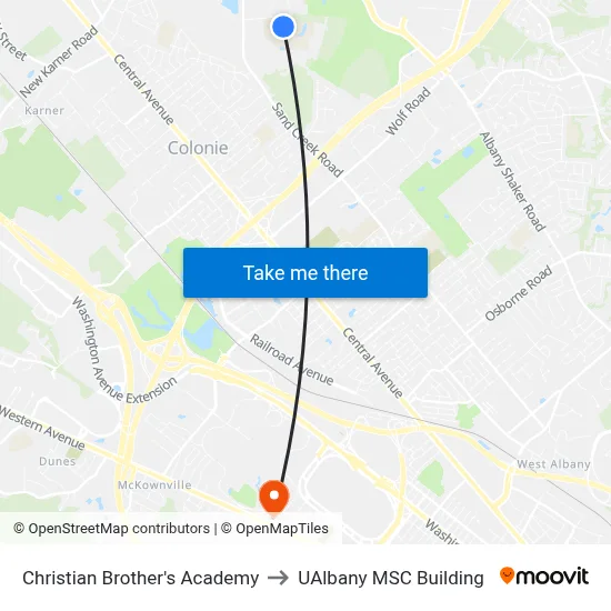 Christian Brother's Academy to UAlbany MSC Building map