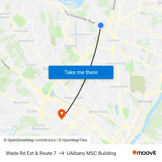 Wade Rd Ext & Route 7 to UAlbany MSC Building map