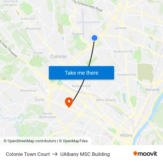 Colonie Town Court to UAlbany MSC Building map