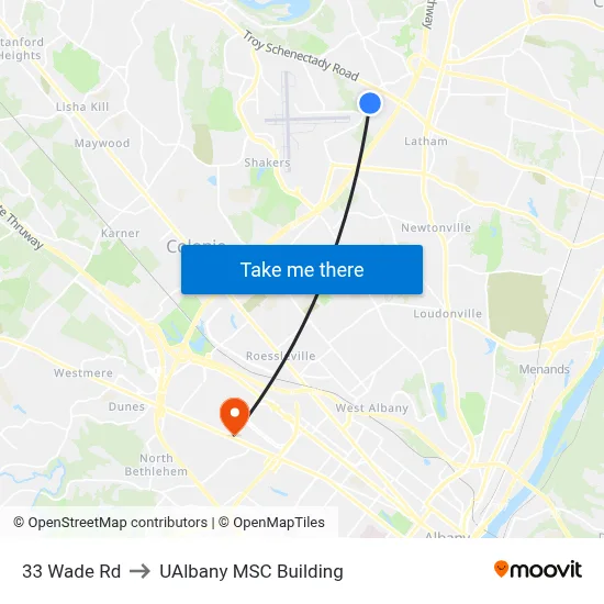 33 Wade Rd to UAlbany MSC Building map