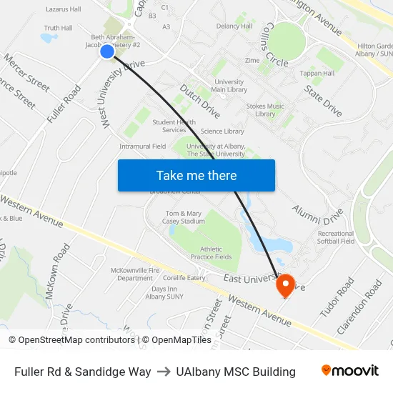 Fuller Rd & Sandidge Way to UAlbany MSC Building map