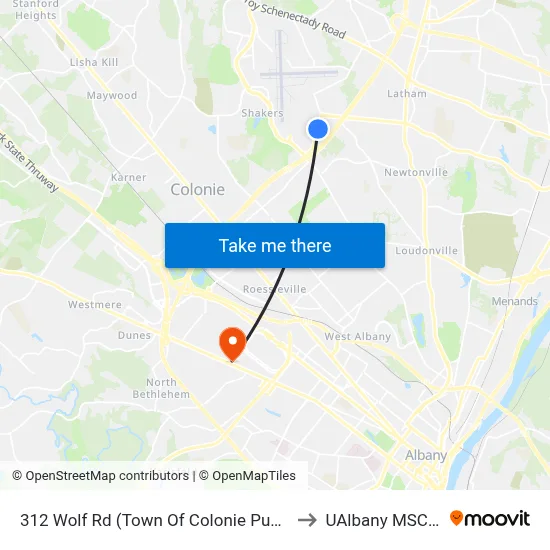 312 Wolf Rd (Town Of Colonie Pubilc Safety Center) to UAlbany MSC Building map