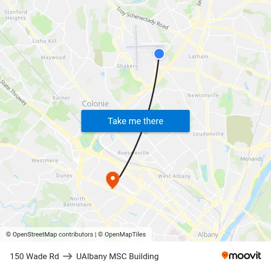 150 Wade Rd to UAlbany MSC Building map