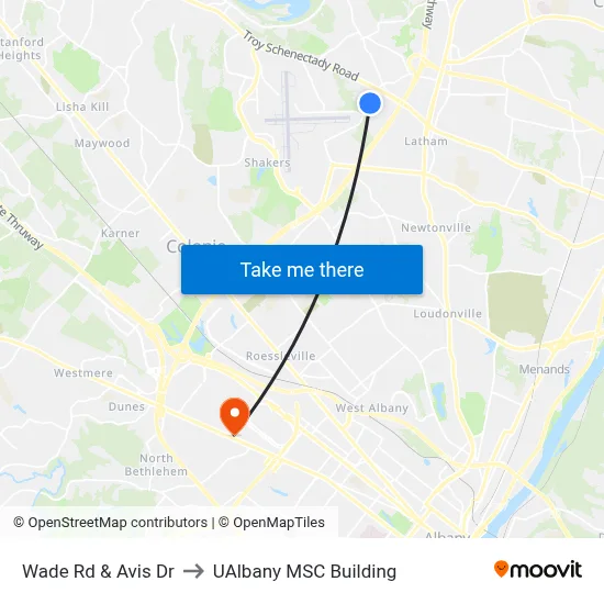 Wade Rd & Avis Dr to UAlbany MSC Building map