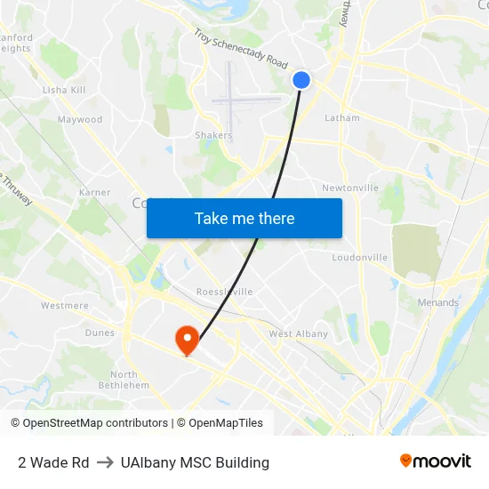 2 Wade Rd to UAlbany MSC Building map