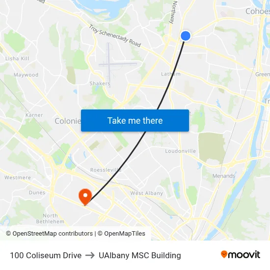 100 Coliseum Drive to UAlbany MSC Building map