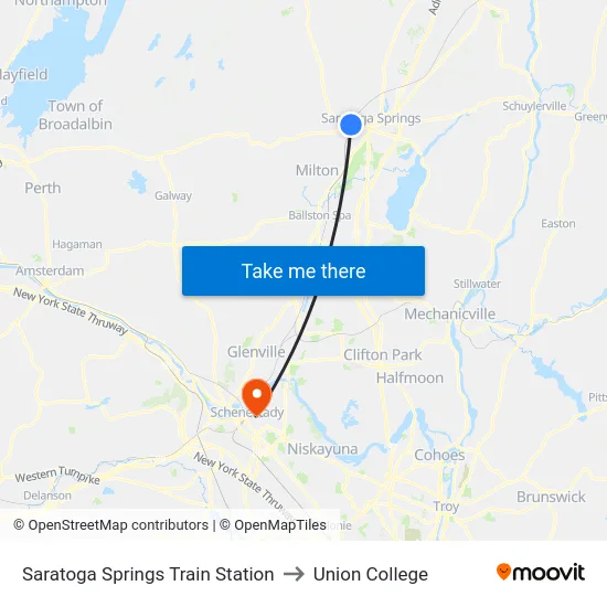 Saratoga Springs Train Station to Union College map