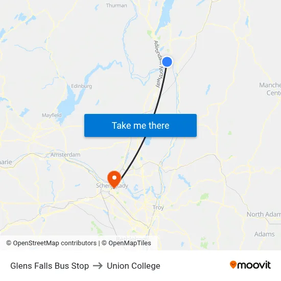 Glens Falls Bus Stop to Union College map