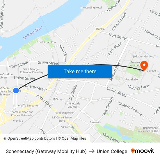 Schenectady (Gateway Mobility Hub) to Union College map