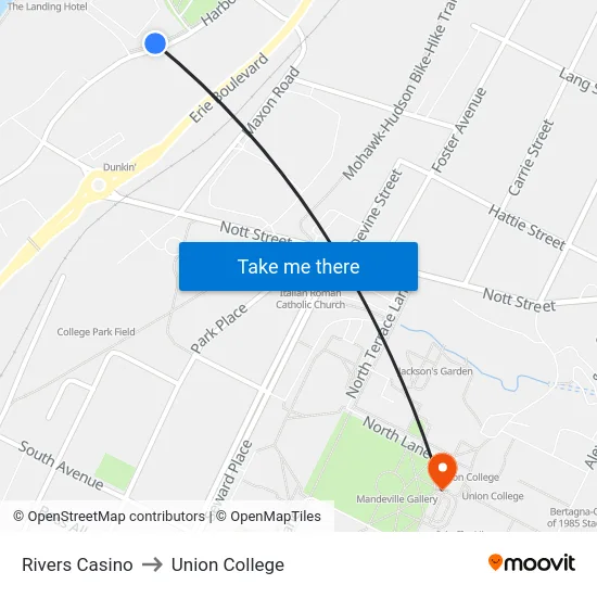 Rivers Casino to Union College map