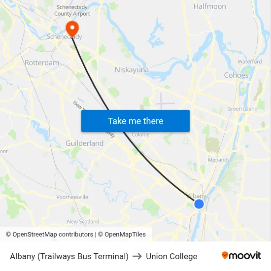 Albany (Trailways Bus Terminal) to Union College map