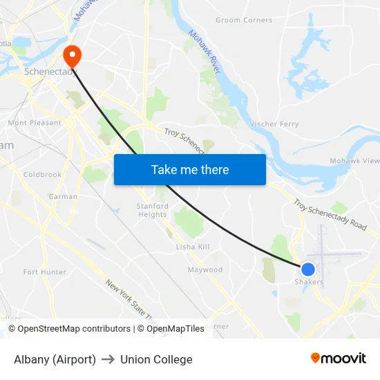 Albany (Airport) to Union College map
