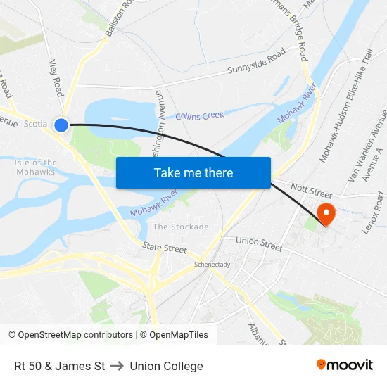 Rt 50 & James St to Union College map