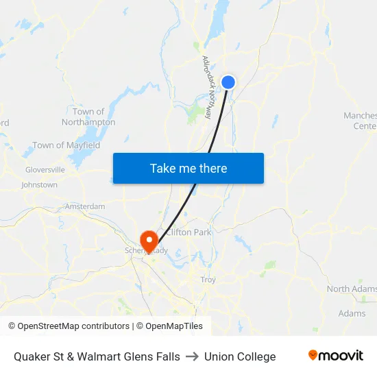 Quaker St & Walmart Glens Falls to Union College map