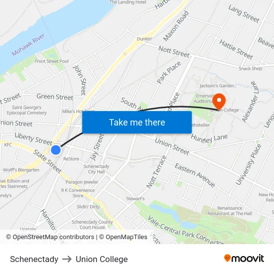 Schenectady to Union College map