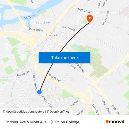 Chrisler Ave & Main Ave to Union College map