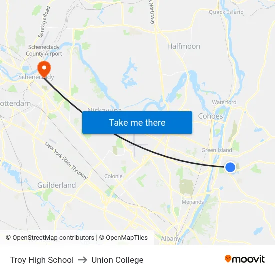Troy High School to Union College map