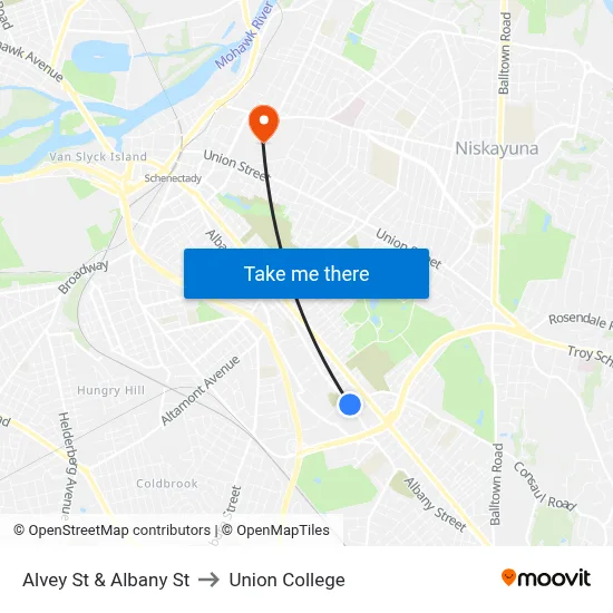 Alvey St & Albany St to Union College map