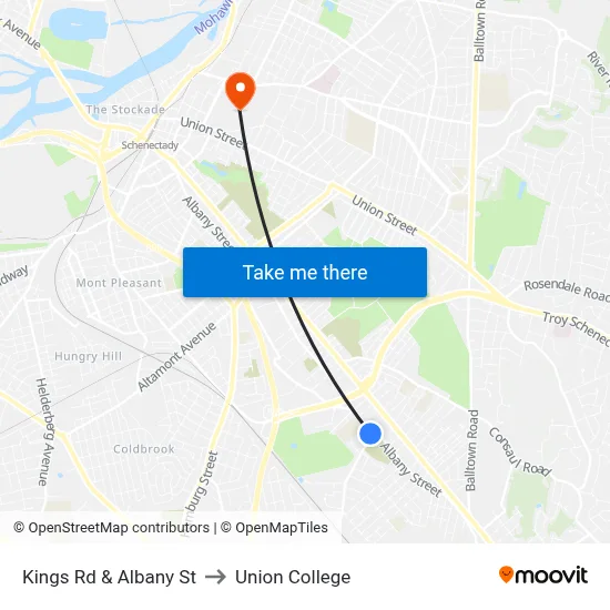 Kings Rd & Albany St to Union College map