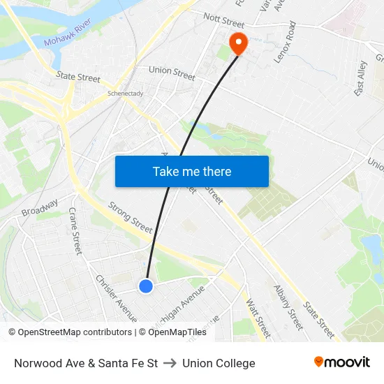 Norwood Ave & Santa Fe St to Union College map