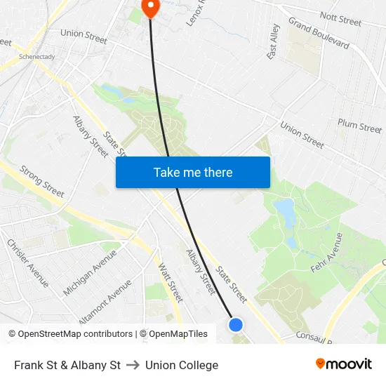 Frank St & Albany St to Union College map