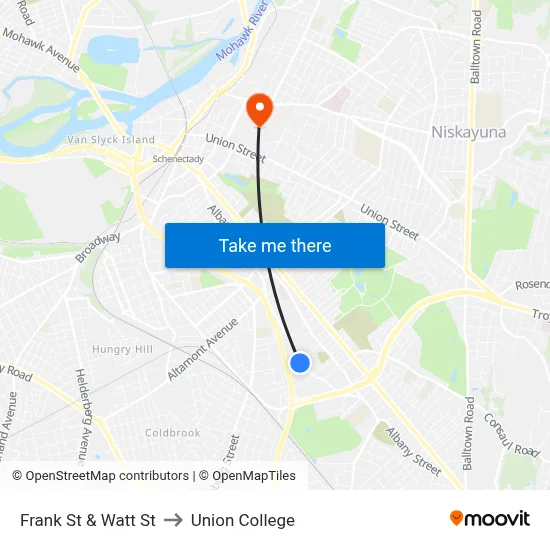 Frank St & Watt St to Union College map