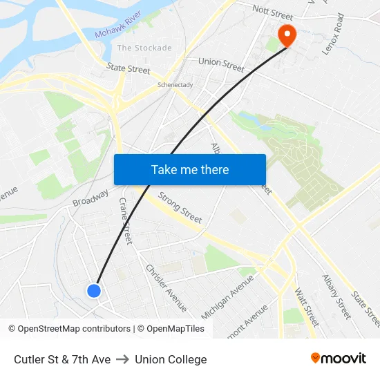 Cutler St & 7th Ave to Union College map