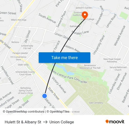 Hulett St & Albany St to Union College map
