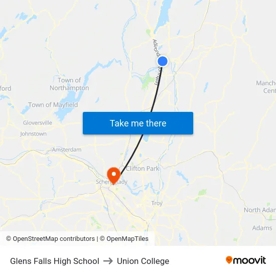 Glens Falls High School to Union College map