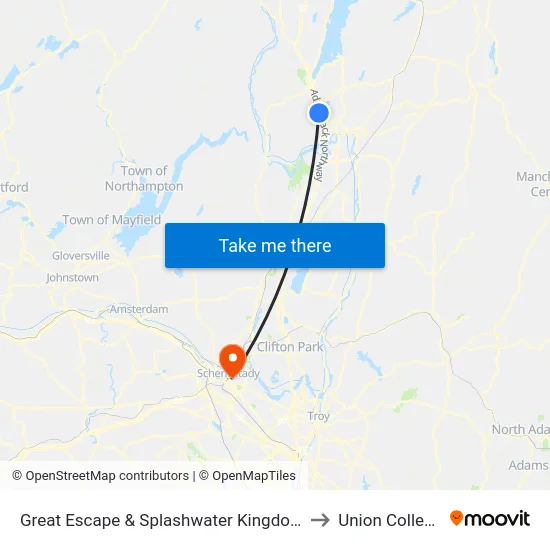 Great Escape & Splashwater Kingdom to Union College map