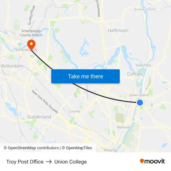 Troy Post Office to Union College map