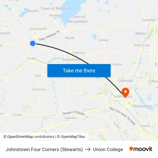 Johnstown Four Corners (Stewarts) to Union College map