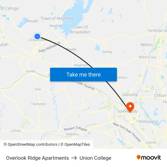 Overlook Ridge Apartments to Union College map