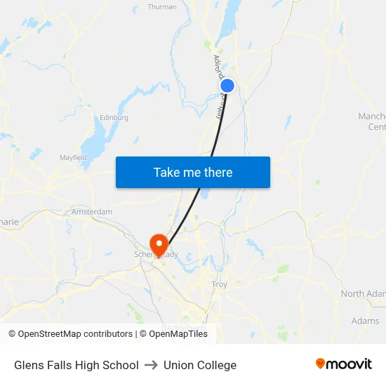 Glens Falls High School to Union College map