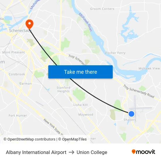 Albany International Airport to Union College map