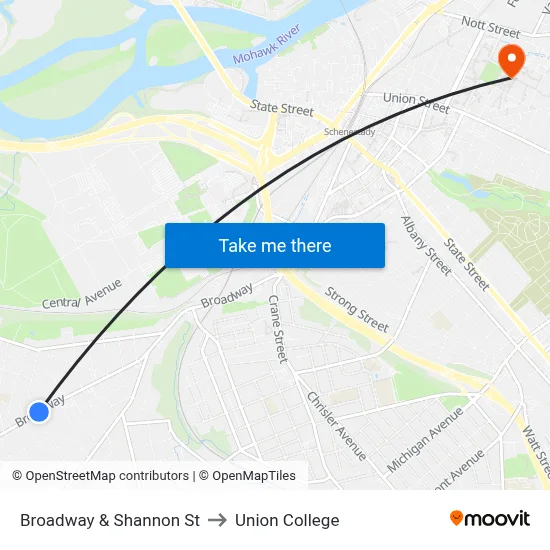 Broadway & Shannon St to Union College map