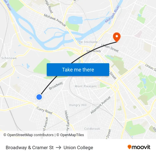 Broadway & Cramer St to Union College map