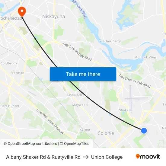 Albany Shaker Rd & Rustyville Rd to Union College map