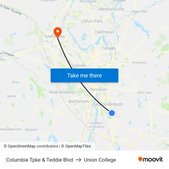 Columbia Tpke & Teddie Blvd to Union College map