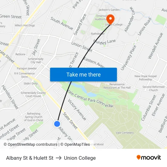 Albany St & Hulett St to Union College map