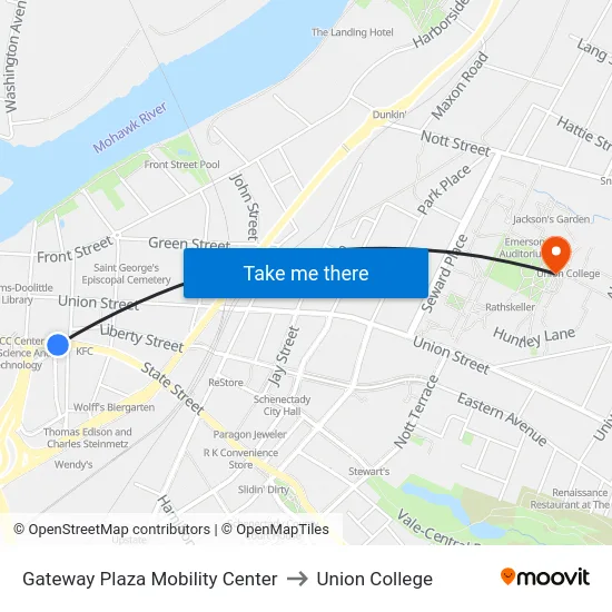 Gateway Plaza Mobility Center to Union College map