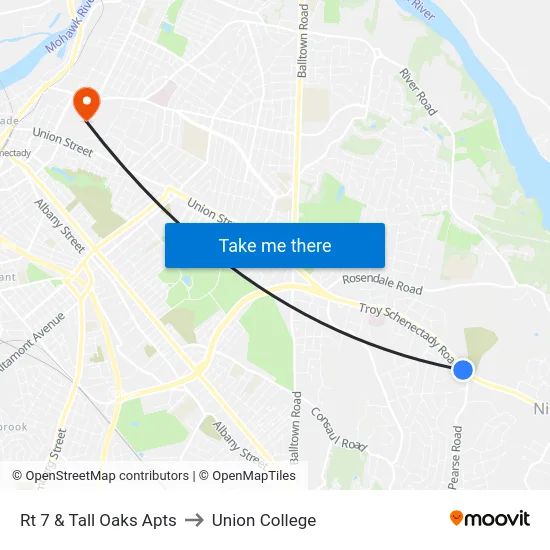 Rt 7 & Tall Oaks Apts to Union College map