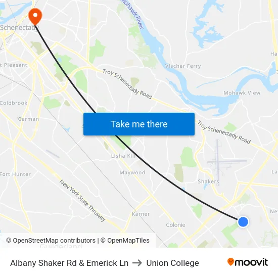 Albany Shaker Rd & Emerick Ln to Union College map