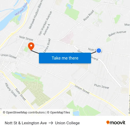 Nott St & Lexington Ave to Union College map