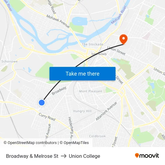 Broadway & Melrose St to Union College map